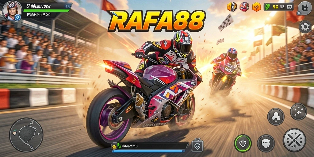 Tampilan gameplay mendebarkan dari RAFA88 dalam balapan motor.