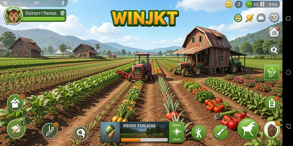 Tangkapan layar gameplay <strong>WINJKT</strong> menunjukkan suasana bertani yang asyik.